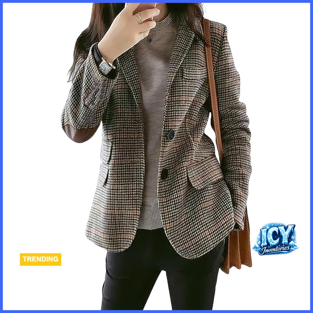 Wool Plaid Blazer Notched Lapel Slim Fit Elbow Patch
